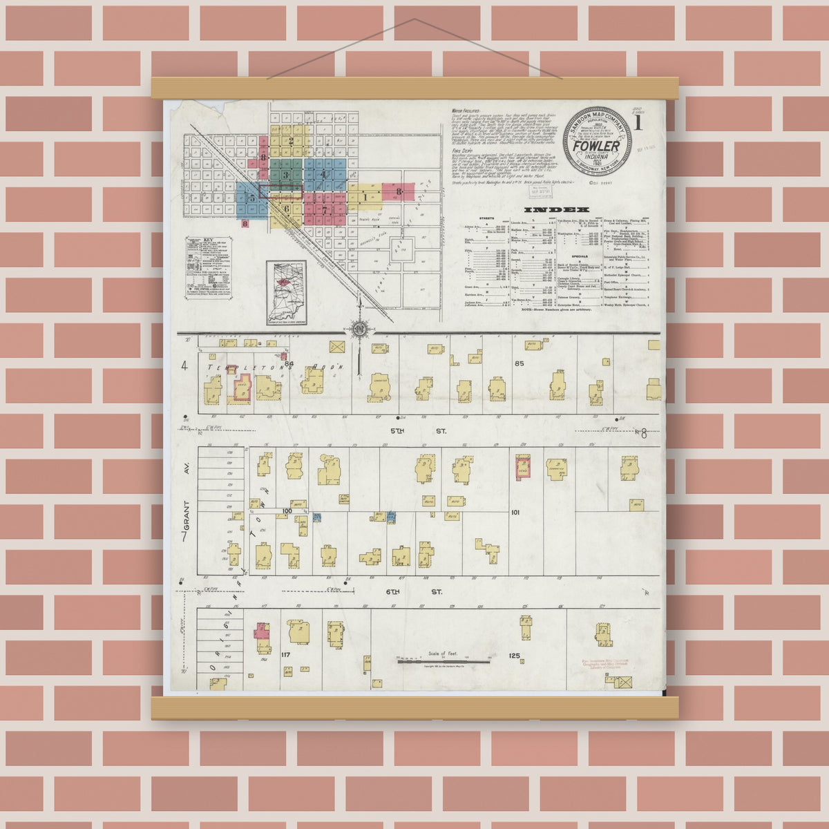 Old map wall art mockup — magnetic wood frame on brick wall — Sanborn Fire Insurance Map from Fowler, Benton County, Indiana (1921) - Complete Map Set