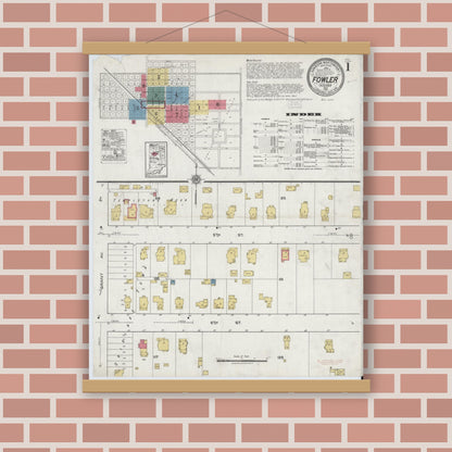 Old map wall art mockup — magnetic wood frame on brick wall — Sanborn Fire Insurance Map from Fowler, Benton County, Indiana (1921) - Complete Map Set