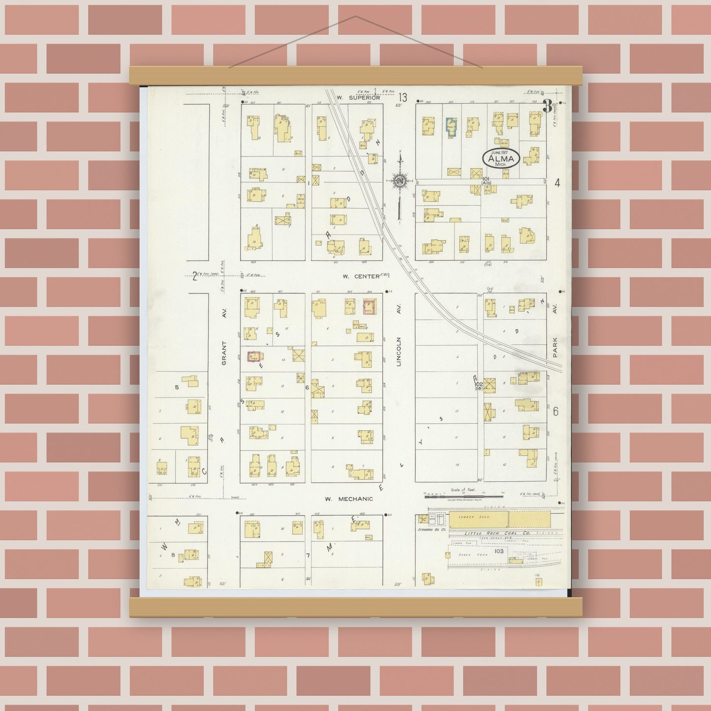 Old map wall art mockup — magnetic wood frame on brick wall — Sanborn Fire Insurance Map from Alma, Gratiot County, Michigan (1917), Sheet #0003