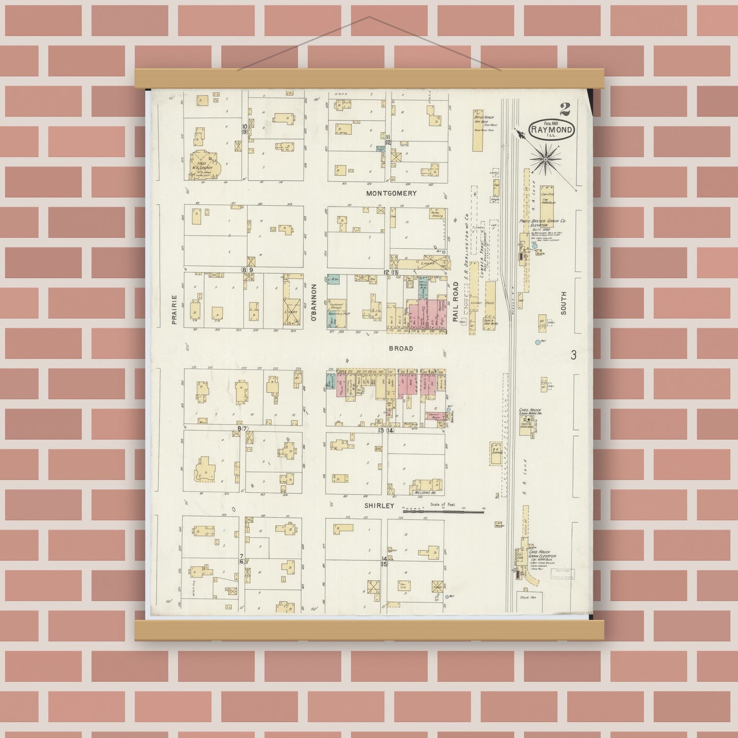 Old map wall art mockup — magnetic wood frame on brick wall — Sanborn Fire Insurance Map from Raymond, Montgomery County, Illinois (1901), Sheet #0002