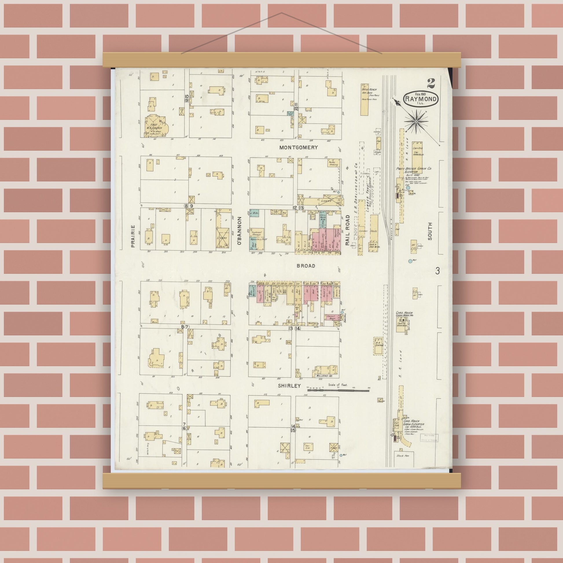 Old map wall art mockup — magnetic wood frame on brick wall — Sanborn Fire Insurance Map from Raymond, Montgomery County, Illinois (1901), Sheet #0002