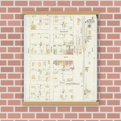 Old map wall art mockup — magnetic wood frame on brick wall — Sanborn Fire Insurance Map from Raymond, Montgomery County, Illinois (1901), Sheet #0002