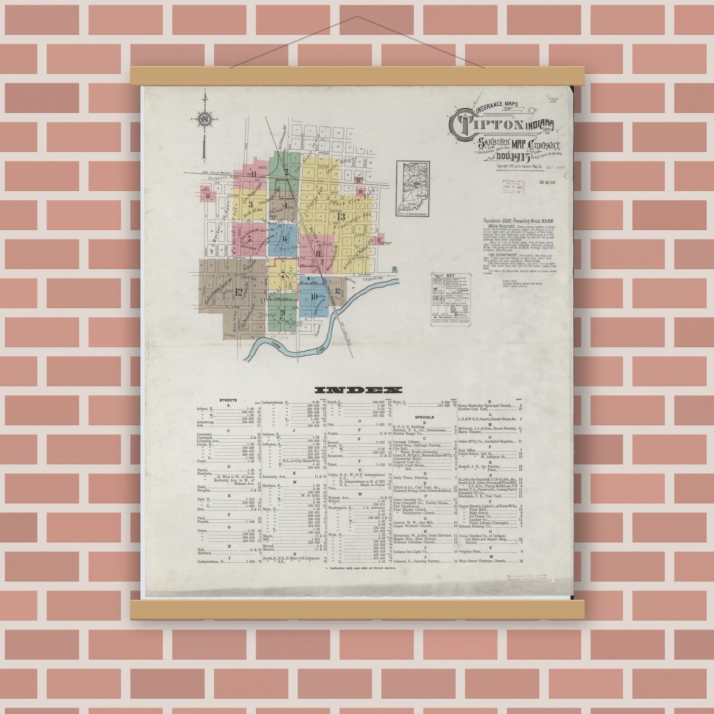 Old map wall art mockup — magnetic wood frame on brick wall — Sanborn Fire Insurance Map from Tipton, Tipton County, Indiana (1915), Sheet #0001