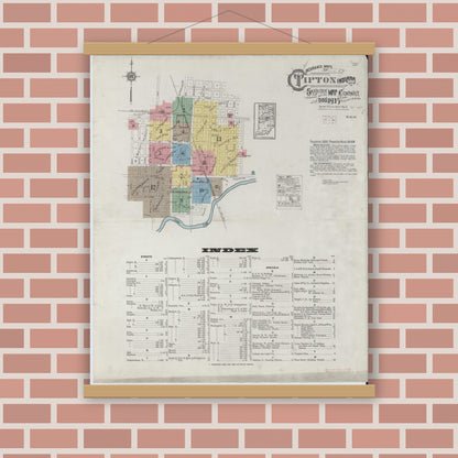 Old map wall art mockup — magnetic wood frame on brick wall — Sanborn Fire Insurance Map from Tipton, Tipton County, Indiana (1915), Sheet #0001
