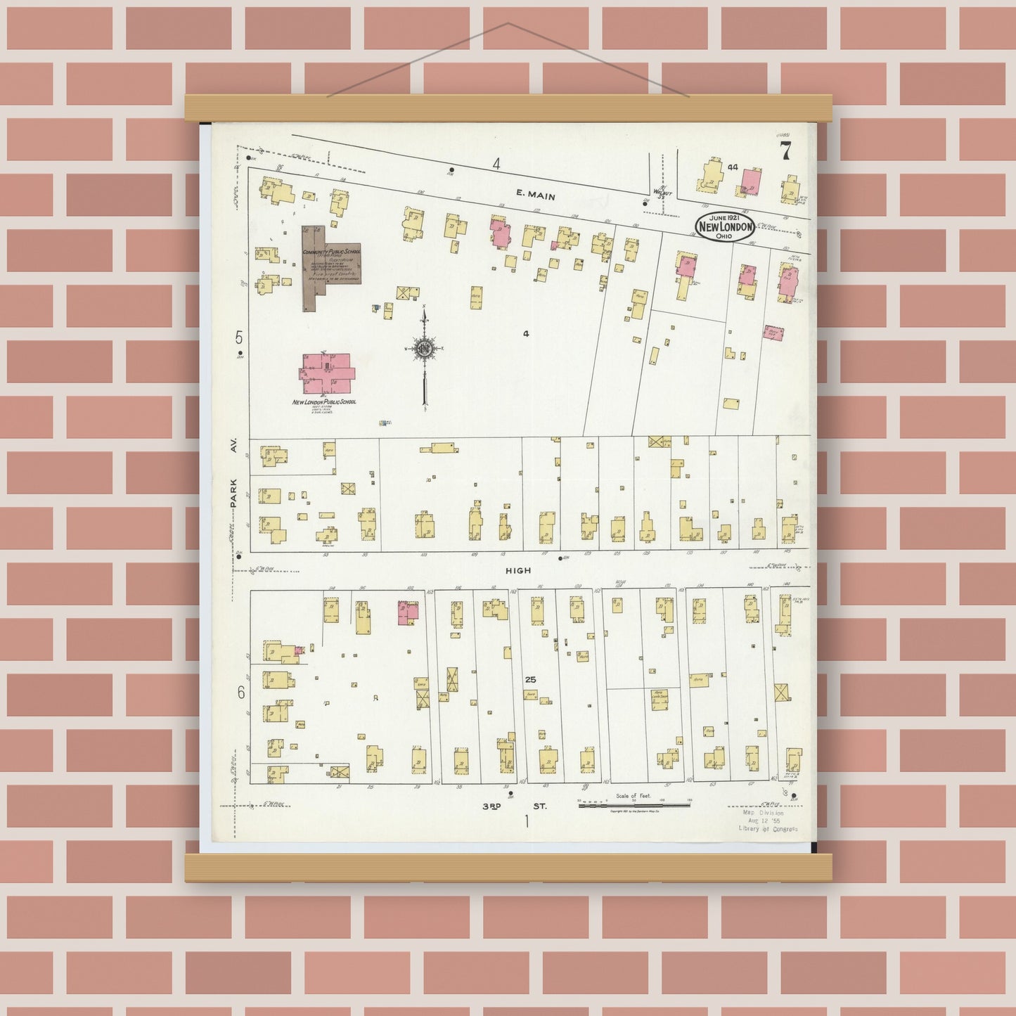 Old map wall art mockup — magnetic wood frame on brick wall — Sanborn Fire Insurance Map from New London, Huron County, Ohio (1921), Sheet #0007
