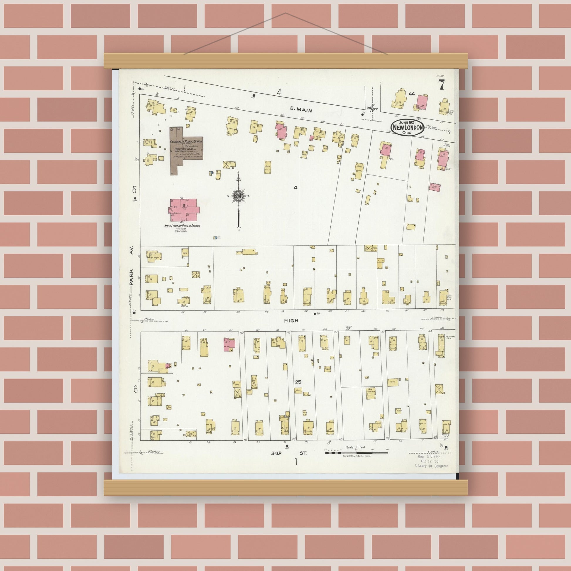 Old map wall art mockup — magnetic wood frame on brick wall — Sanborn Fire Insurance Map from New London, Huron County, Ohio (1921), Sheet #0007