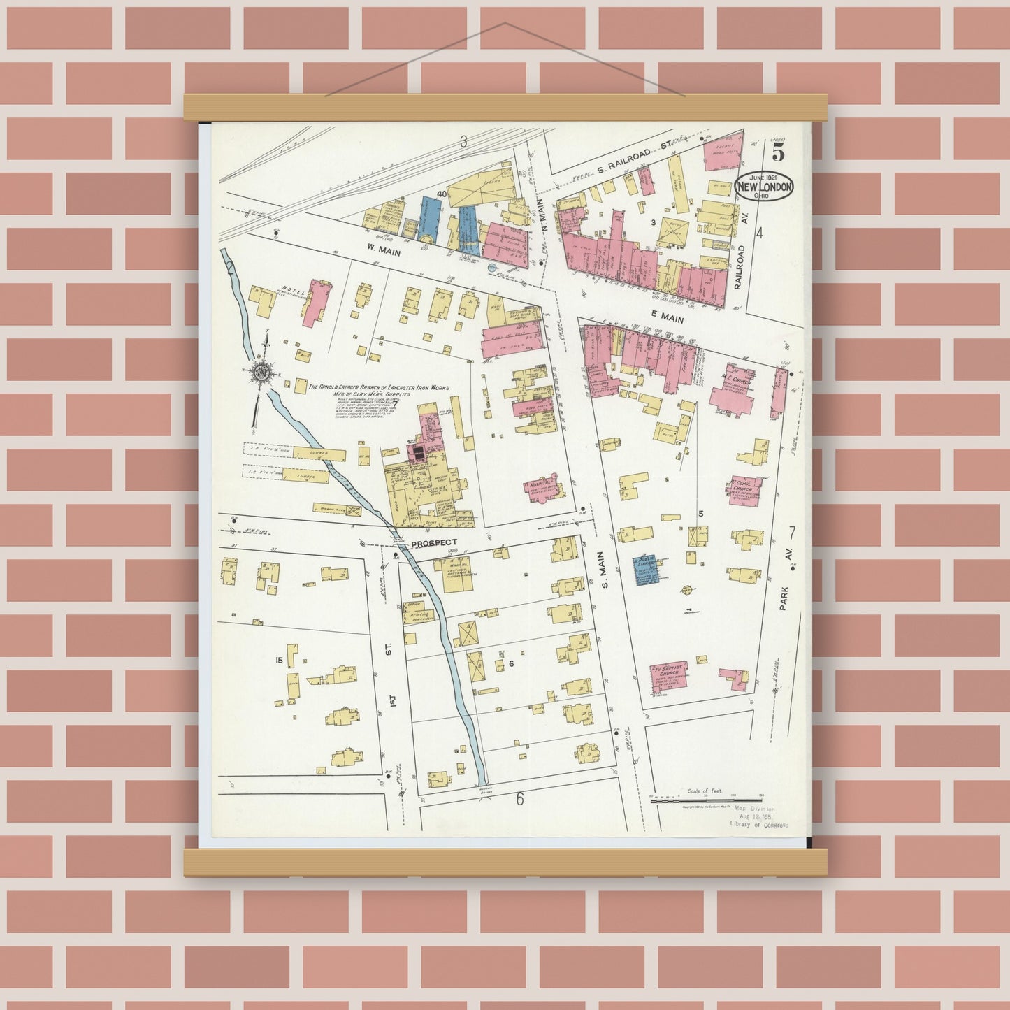 Old map wall art mockup — magnetic wood frame on brick wall — Sanborn Fire Insurance Map from New London, Huron County, Ohio (1921), Sheet #0005
