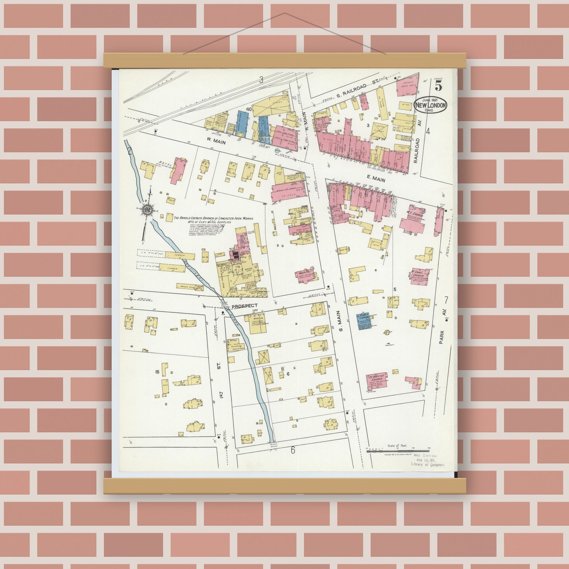 Old map wall art mockup — magnetic wood frame on brick wall — Sanborn Fire Insurance Map from New London, Huron County, Ohio (1921), Sheet #0005