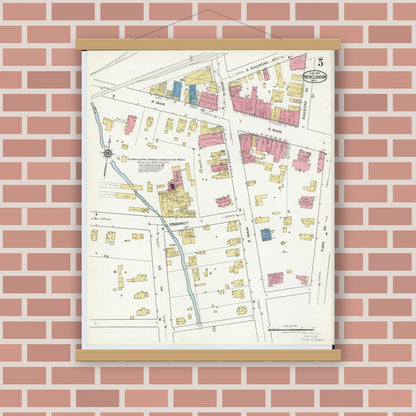 Old map wall art mockup — magnetic wood frame on brick wall — Sanborn Fire Insurance Map from New London, Huron County, Ohio (1921), Sheet #0005