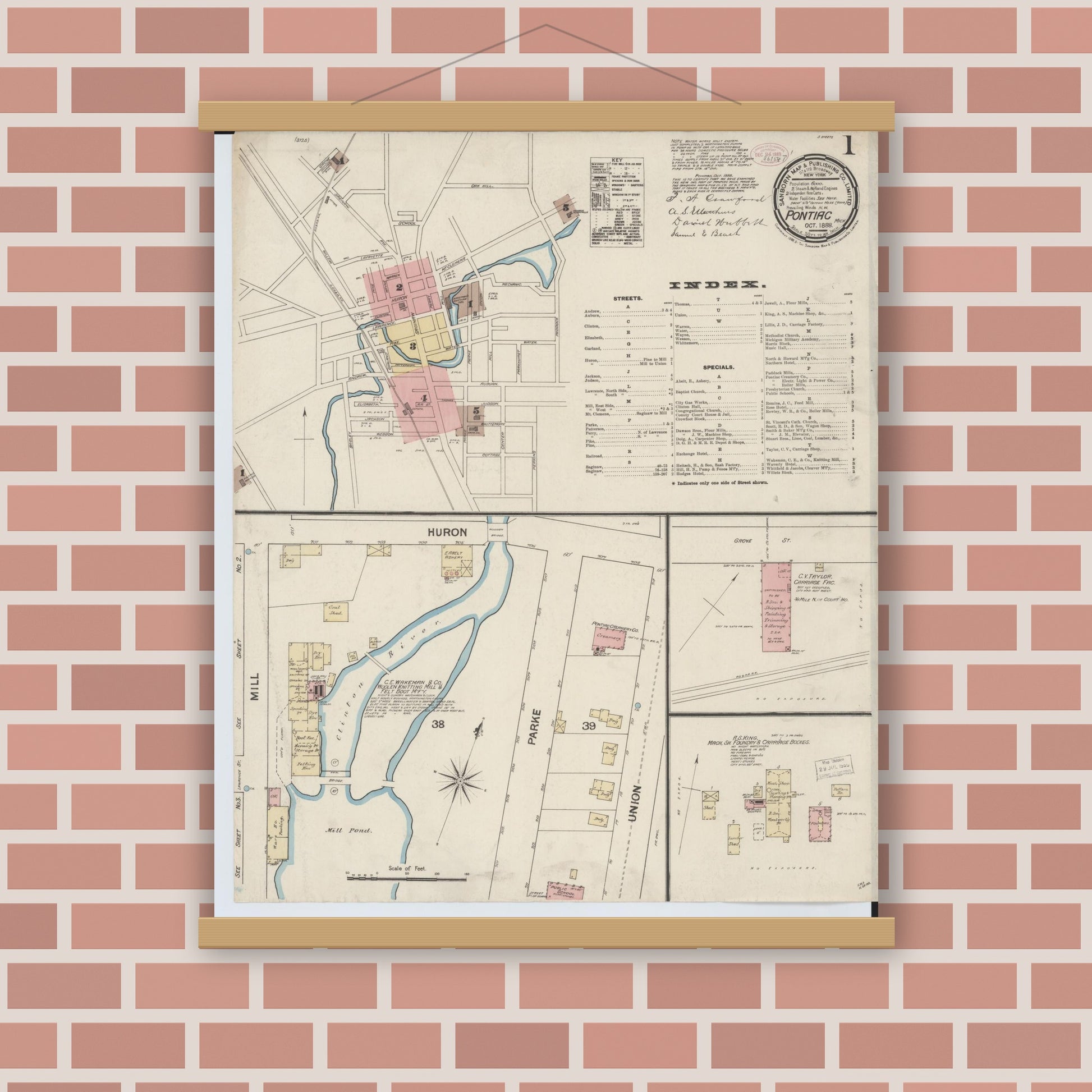 Old map wall art mockup — magnetic wood frame on brick wall — Sanborn Fire Insurance Map from Pontiac, Oakland County, Michigan (1888), Sheet #0001