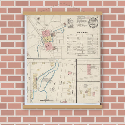 Old map wall art mockup — magnetic wood frame on brick wall — Sanborn Fire Insurance Map from Pontiac, Oakland County, Michigan (1888), Sheet #0001