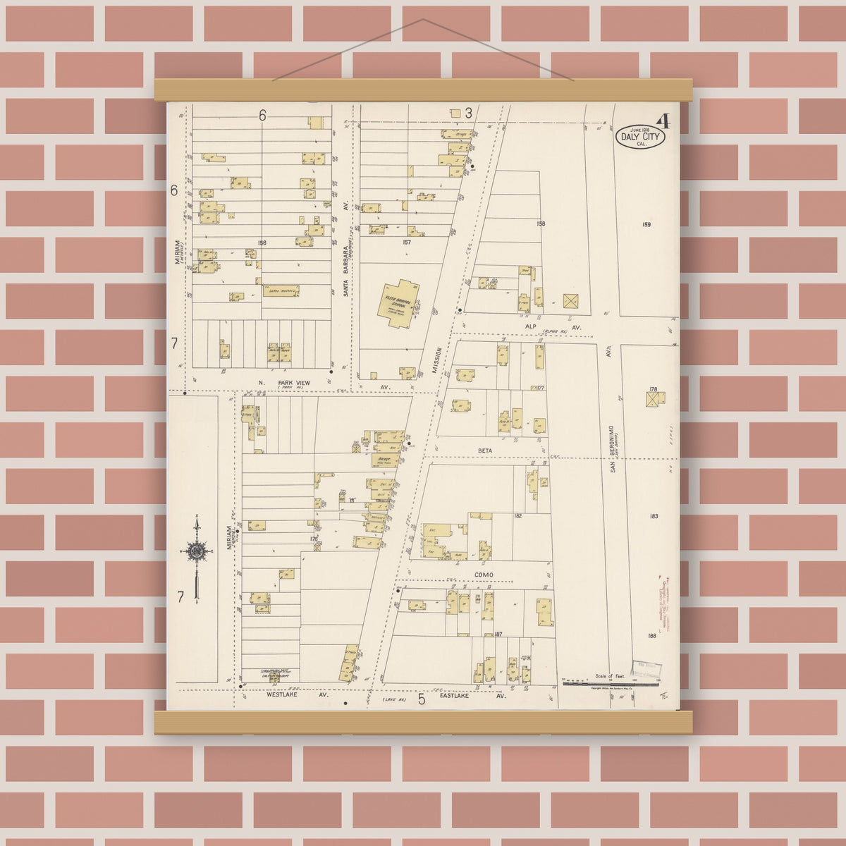 Old map wall art mockup — magnetic wood frame on brick wall — Sanborn Fire Insurance Map from Daly City, San Mateo County, California (1918), Sheet #0004