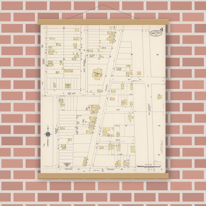 Old map wall art mockup — magnetic wood frame on brick wall — Sanborn Fire Insurance Map from Daly City, San Mateo County, California (1918), Sheet #0004