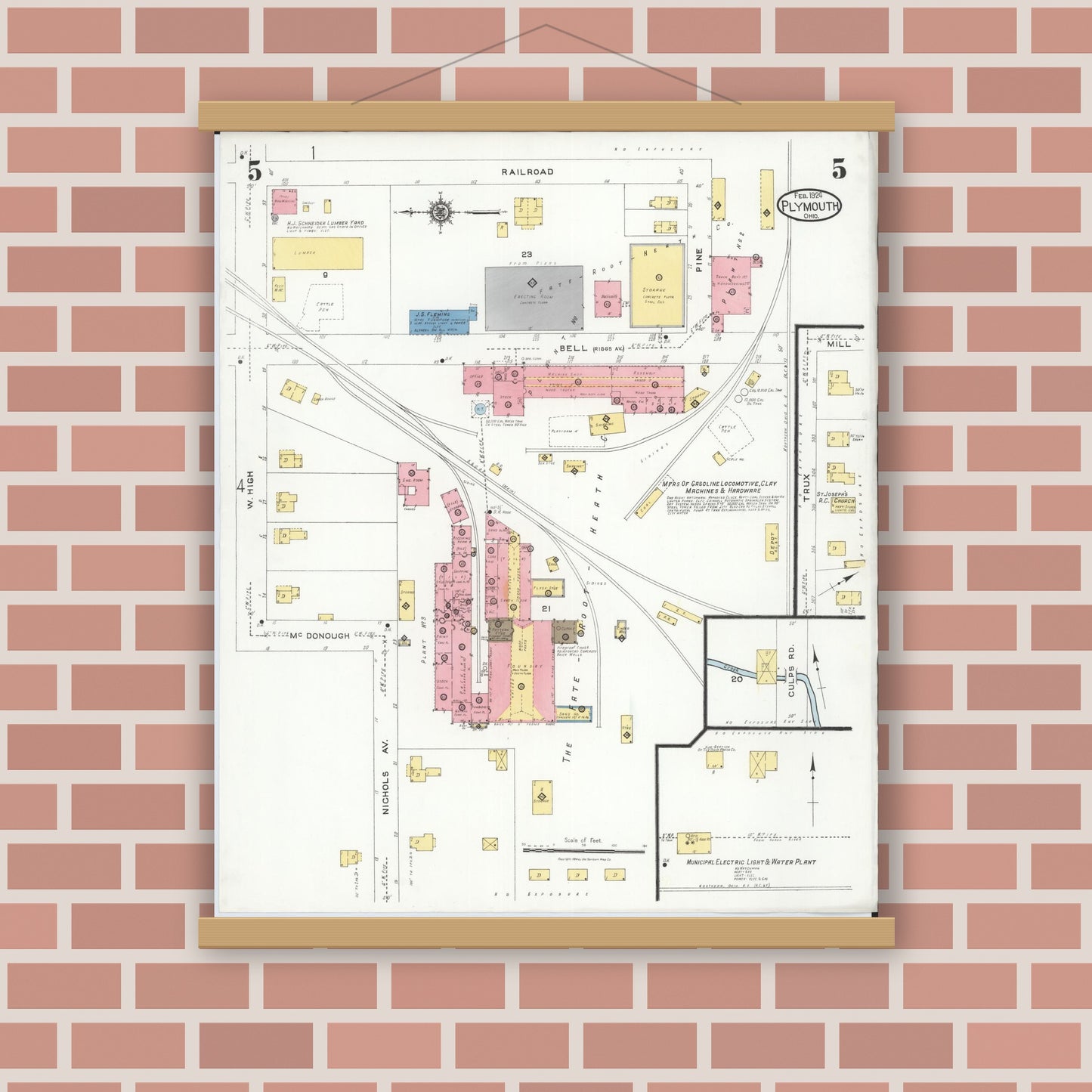 Old map wall art mockup — magnetic wood frame on brick wall — Sanborn Fire Insurance Map from Plymouth, Huron And Richland Counties, Ohio (1924), Sheet #0005