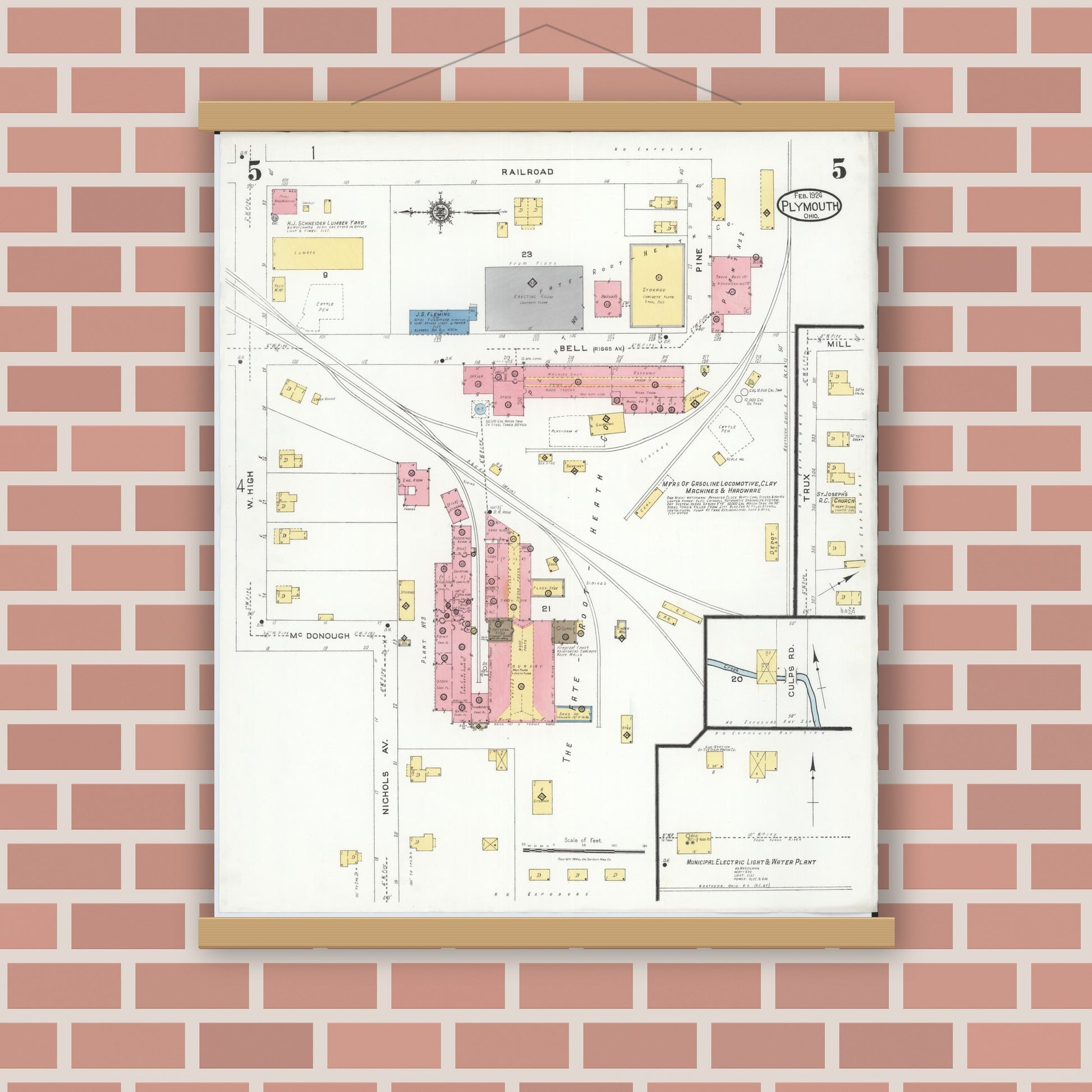 Old map wall art mockup — magnetic wood frame on brick wall — Sanborn Fire Insurance Map from Plymouth, Huron And Richland Counties, Ohio (1924), Sheet #0005