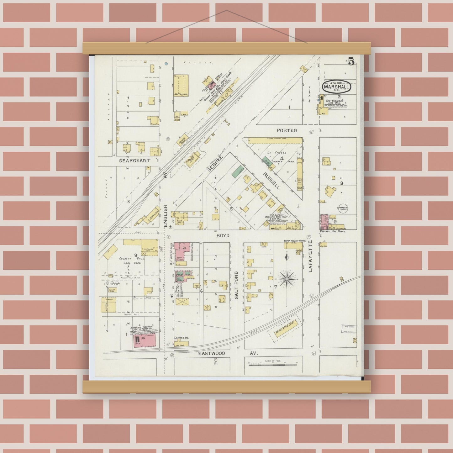Old map wall art mockup — magnetic wood frame on brick wall — Sanborn Fire Insurance Map from Marshall, Saline County, Missouri (1894), Sheet #0005