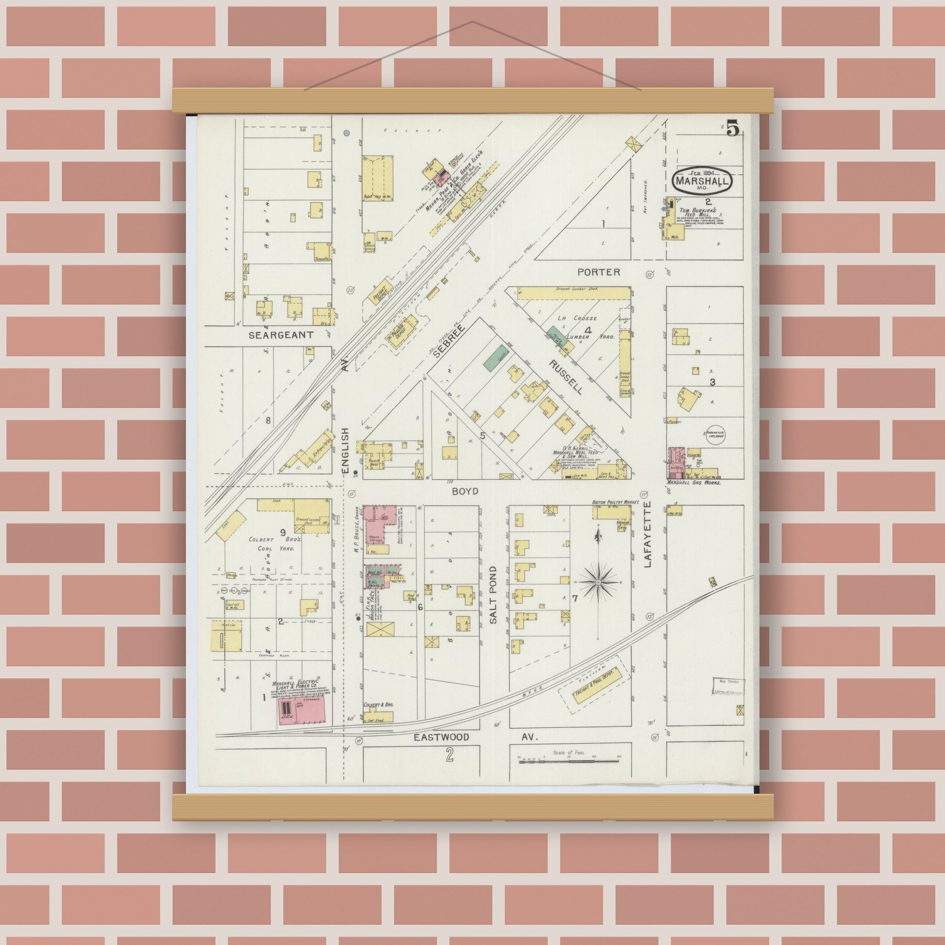 Old map wall art mockup — magnetic wood frame on brick wall — Sanborn Fire Insurance Map from Marshall, Saline County, Missouri (1894), Sheet #0005