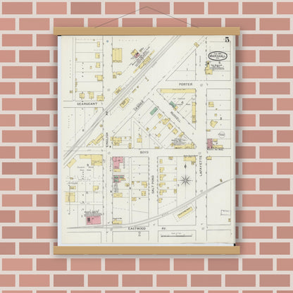 Old map wall art mockup — magnetic wood frame on brick wall — Sanborn Fire Insurance Map from Marshall, Saline County, Missouri (1894), Sheet #0005