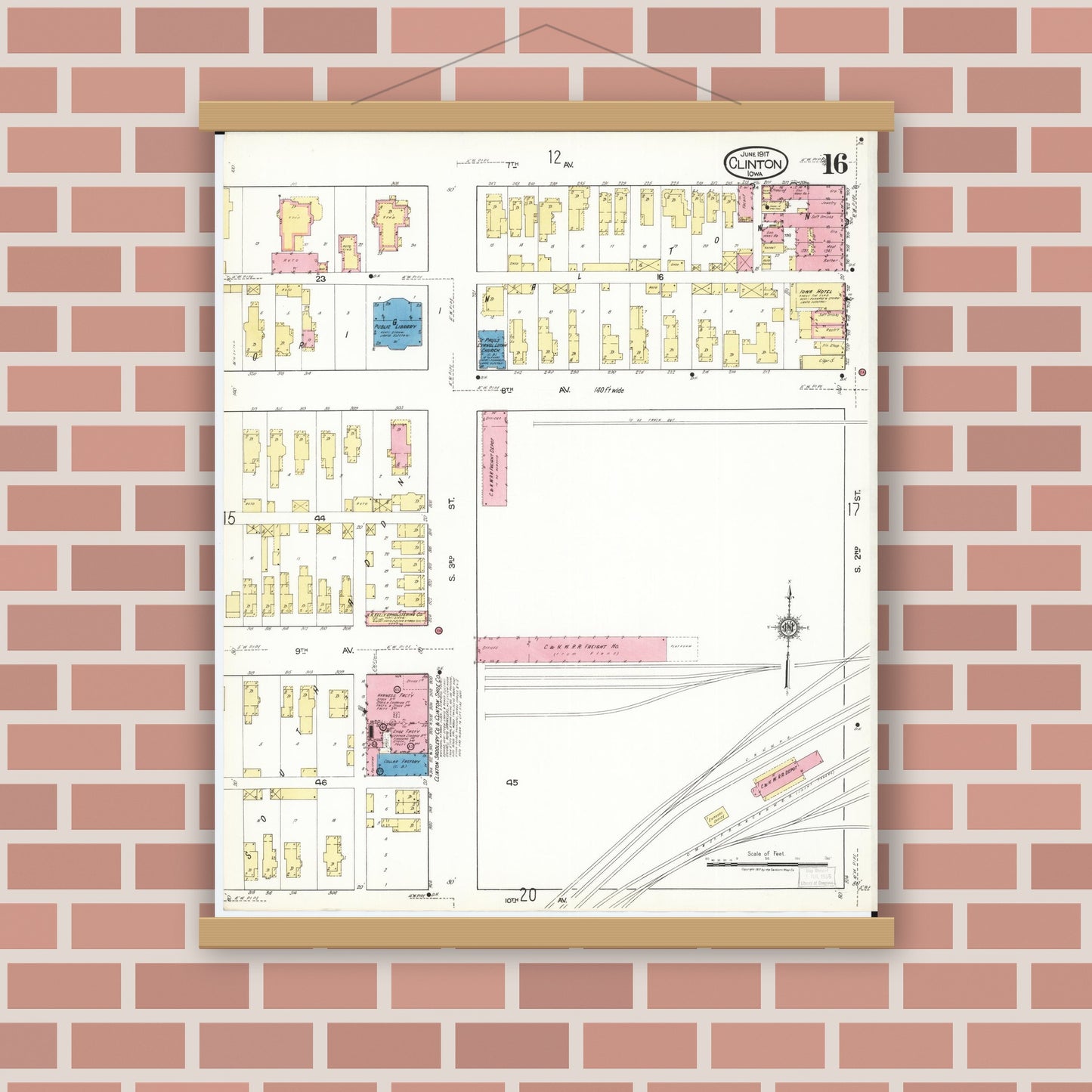 Old map wall art mockup — magnetic wood frame on brick wall — Sanborn Fire Insurance Map from Clinton, Clinton County, Iowa (1917), Sheet #0016