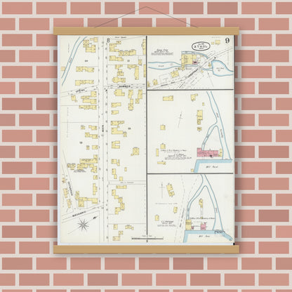 Old map wall art mockup — magnetic wood frame on brick wall — Sanborn Fire Insurance Map from Athol, Worcester County, Massachusetts (1896), Sheet #0009