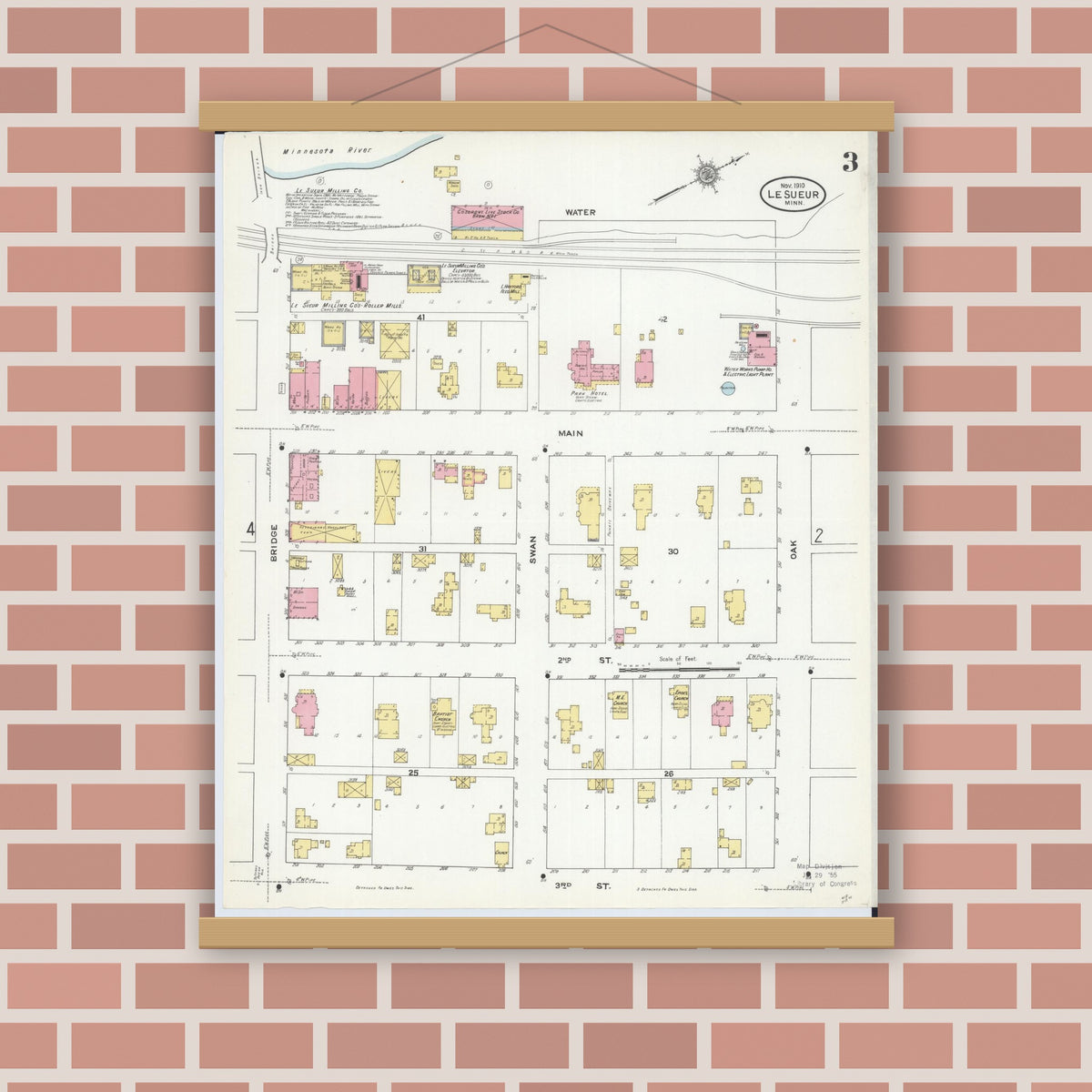 Old map wall art mockup — magnetic wood frame on brick wall — Sanborn Fire Insurance Map from Le Sueur, Le Sueur County, Minnesota (1910), Sheet #0003