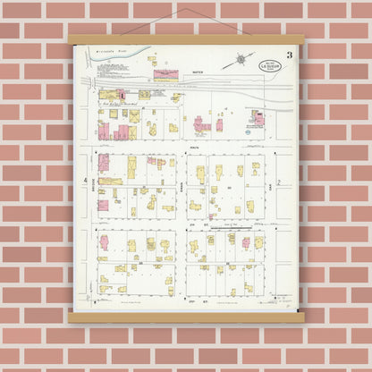 Old map wall art mockup — magnetic wood frame on brick wall — Sanborn Fire Insurance Map from Le Sueur, Le Sueur County, Minnesota (1910), Sheet #0003