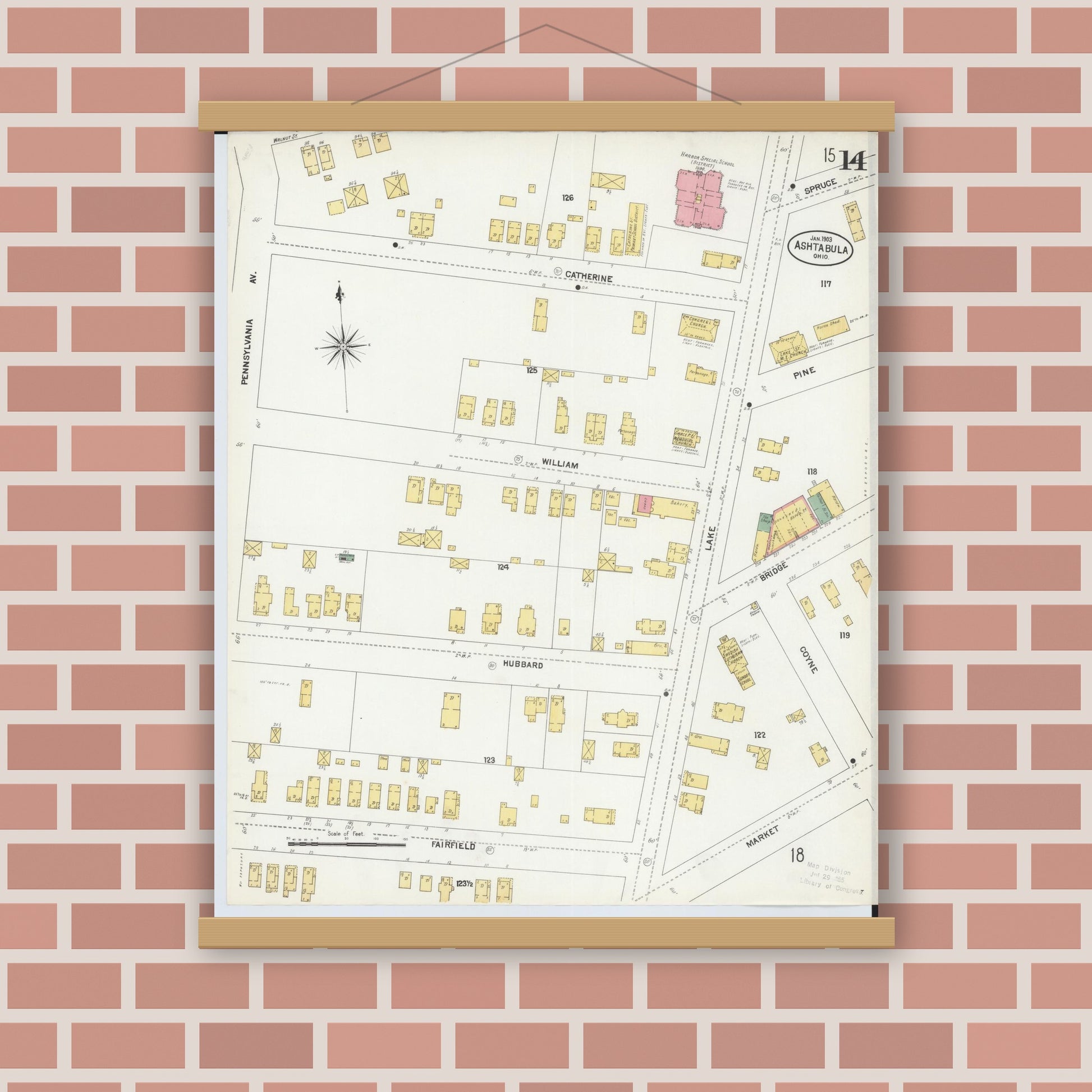 Old map wall art mockup — magnetic wood frame on brick wall — Sanborn Fire Insurance Map from Ashtabula, Ashtabula County, Ohio (1903), Sheet #0014