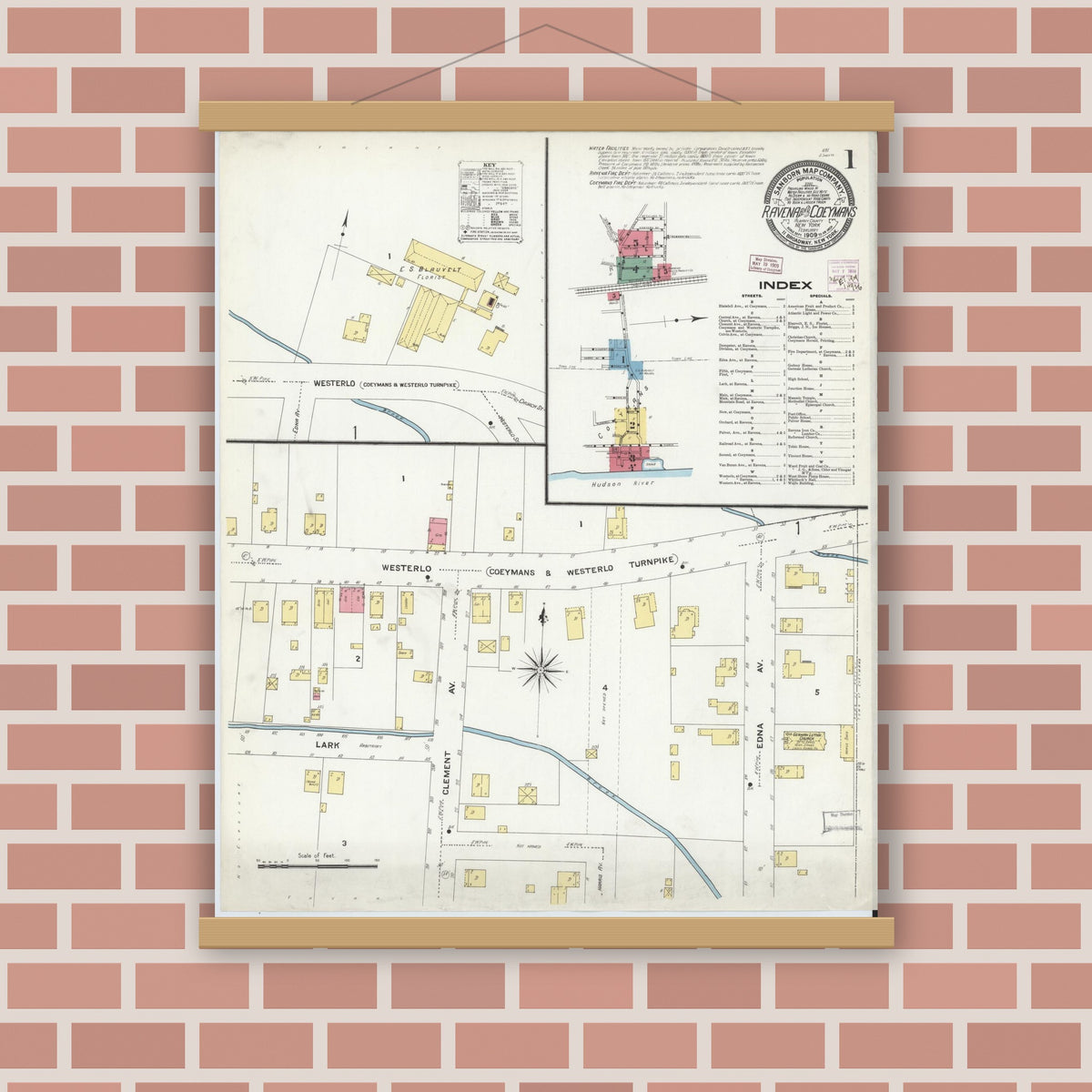 Old map wall art mockup — magnetic wood frame on brick wall — Sanborn Fire Insurance Map from Ravena, Albany County, New York (1909) - Complete Map Set