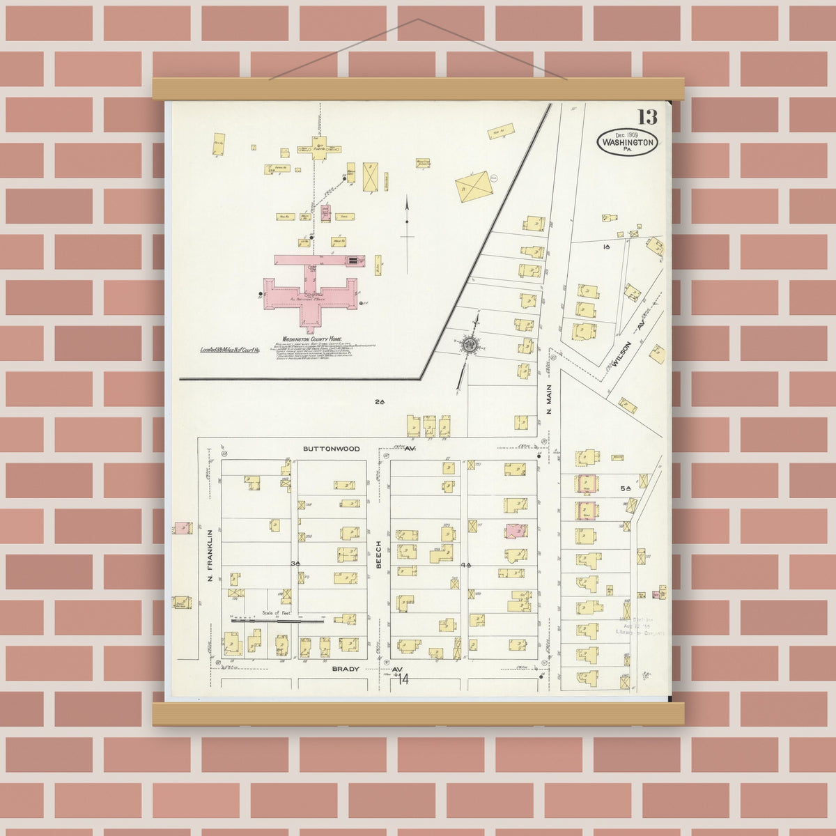 Old map wall art mockup — magnetic wood frame on brick wall — Sanborn Fire Insurance Map from Washington, Washington County, Pennsylvania (1909), Sheet #0013
