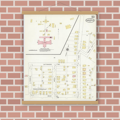 Old map wall art mockup — magnetic wood frame on brick wall — Sanborn Fire Insurance Map from Washington, Washington County, Pennsylvania (1909), Sheet #0013