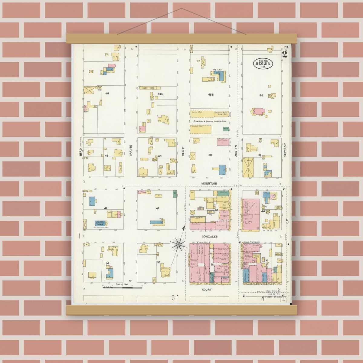 Old map wall art mockup — magnetic wood frame on brick wall — Sanborn Fire Insurance Map from Seguin, Guadalupe County, Texas (1906), Sheet #0002