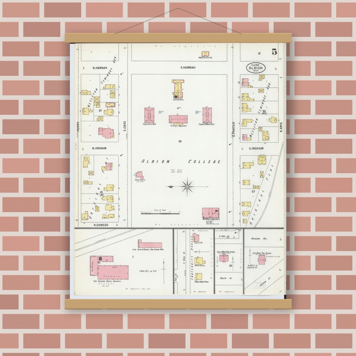 Old map wall art mockup — magnetic wood frame on brick wall — Sanborn Fire Insurance Map from Albion, Calhoun County, Michigan (1900), Sheet #0005