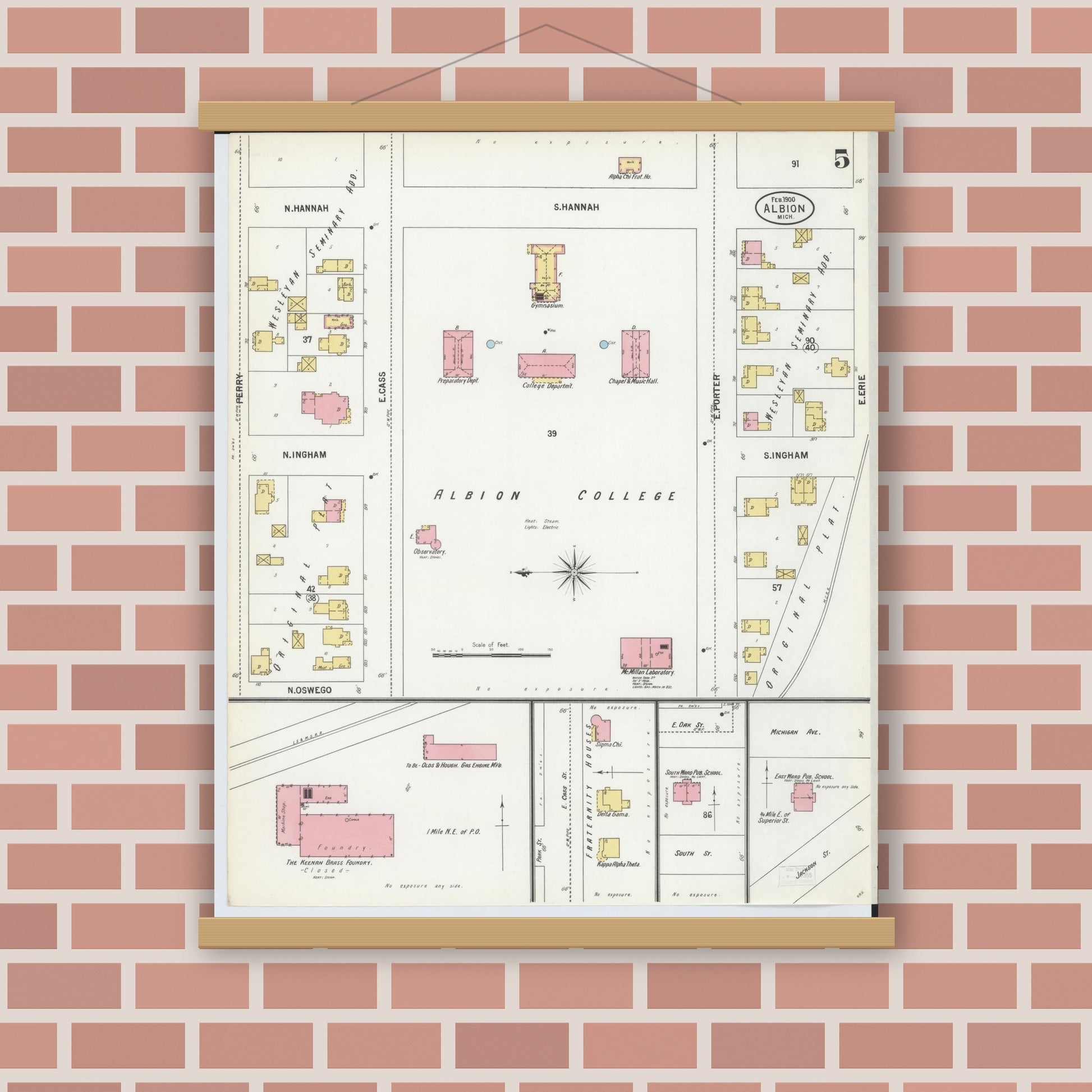 Old map wall art mockup — magnetic wood frame on brick wall — Sanborn Fire Insurance Map from Albion, Calhoun County, Michigan (1900), Sheet #0005