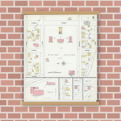Old map wall art mockup — magnetic wood frame on brick wall — Sanborn Fire Insurance Map from Albion, Calhoun County, Michigan (1900), Sheet #0005