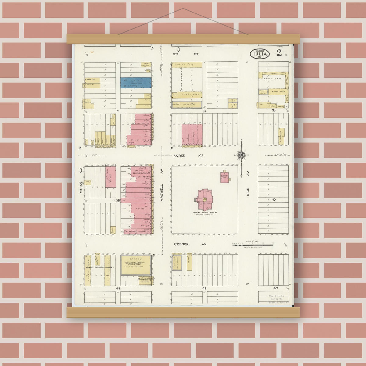 Old map wall art mockup — magnetic wood frame on brick wall — Sanborn Fire Insurance Map from Tulia, Swisher County, Texas (1921), Sheet #0002