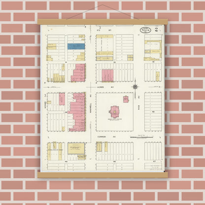 Old map wall art mockup — magnetic wood frame on brick wall — Sanborn Fire Insurance Map from Tulia, Swisher County, Texas (1921), Sheet #0002