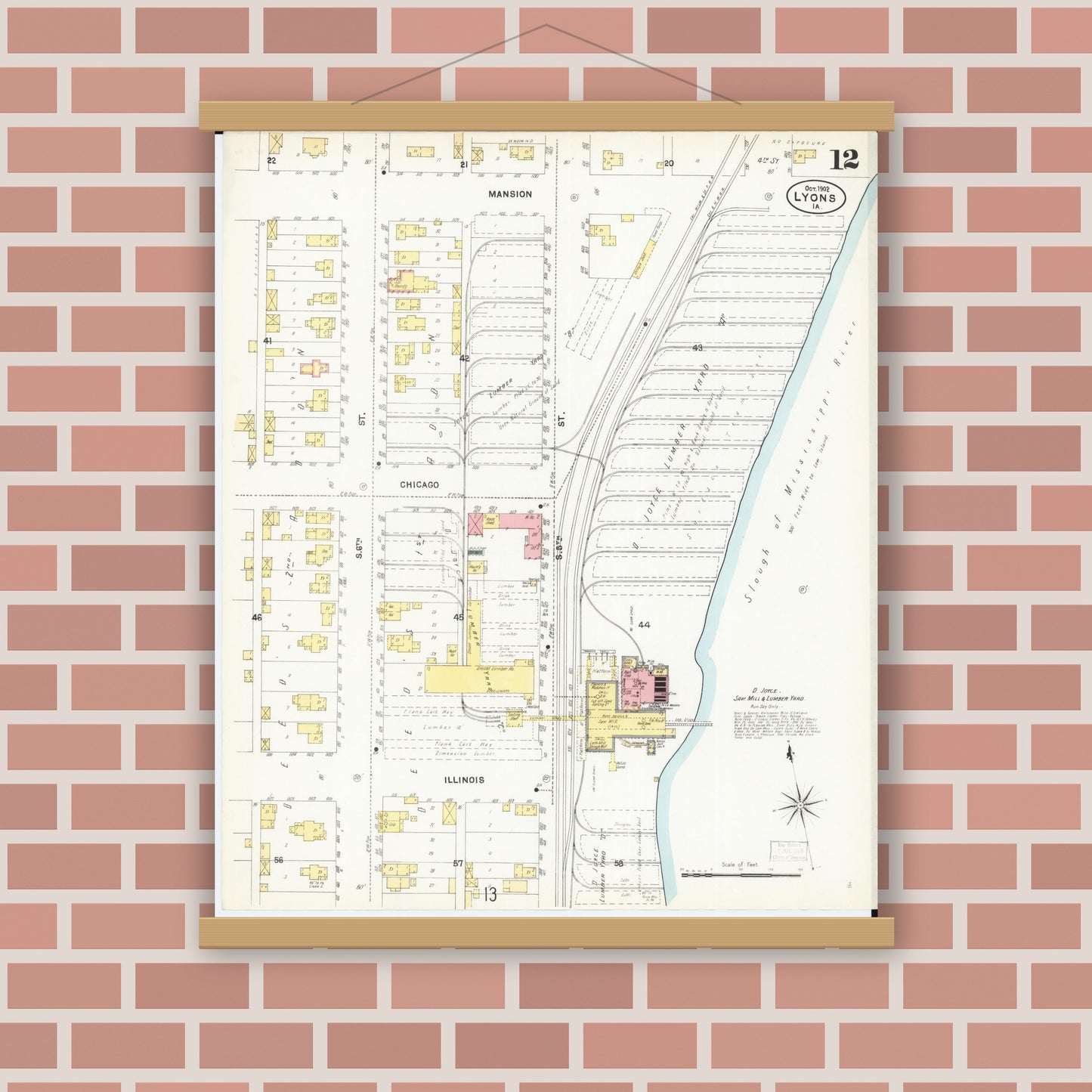 Old map wall art mockup — magnetic wood frame on brick wall — Sanborn Fire Insurance Map from Lyons, Clinton County, Iowa (1902), Sheet #0012