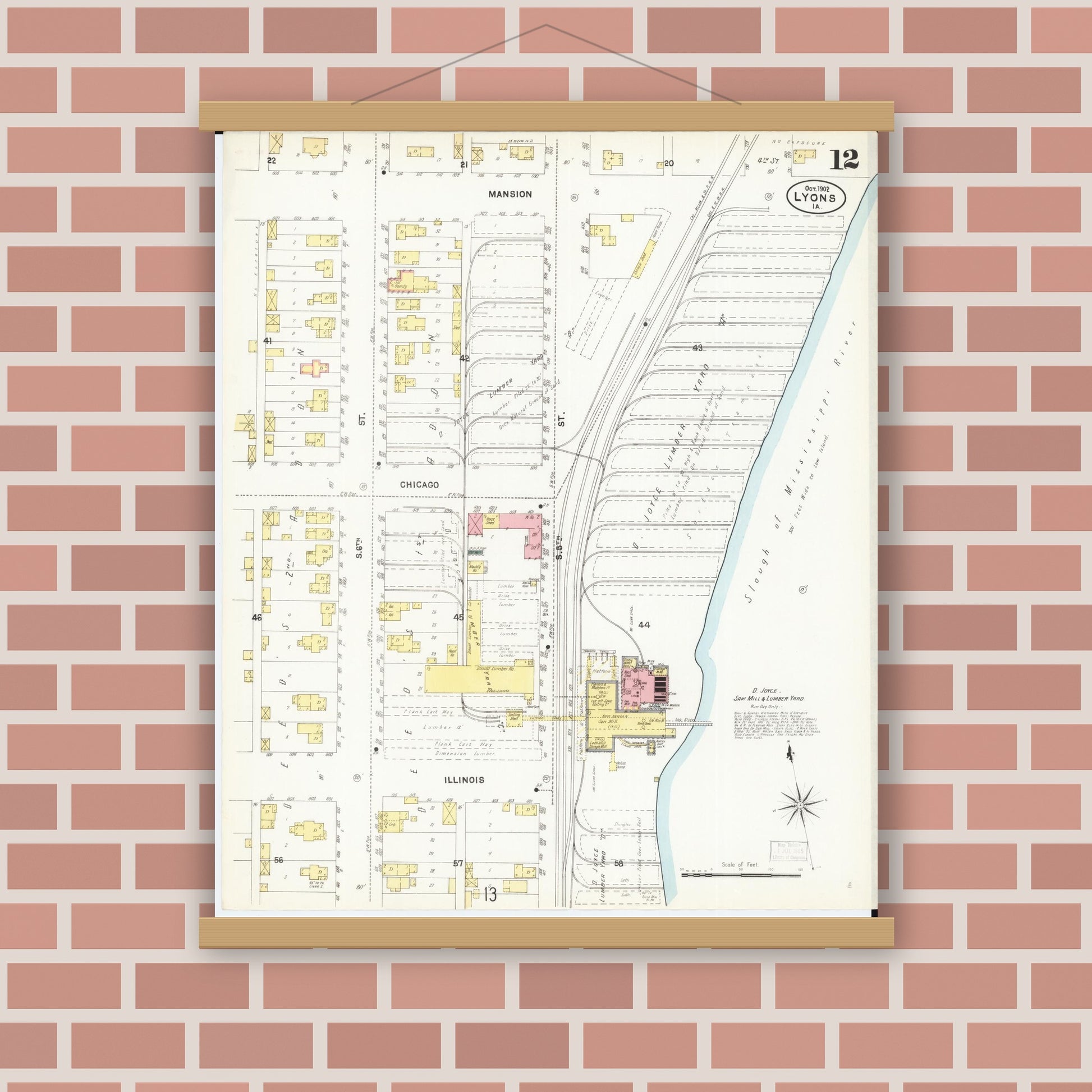 Old map wall art mockup — magnetic wood frame on brick wall — Sanborn Fire Insurance Map from Lyons, Clinton County, Iowa (1902), Sheet #0012