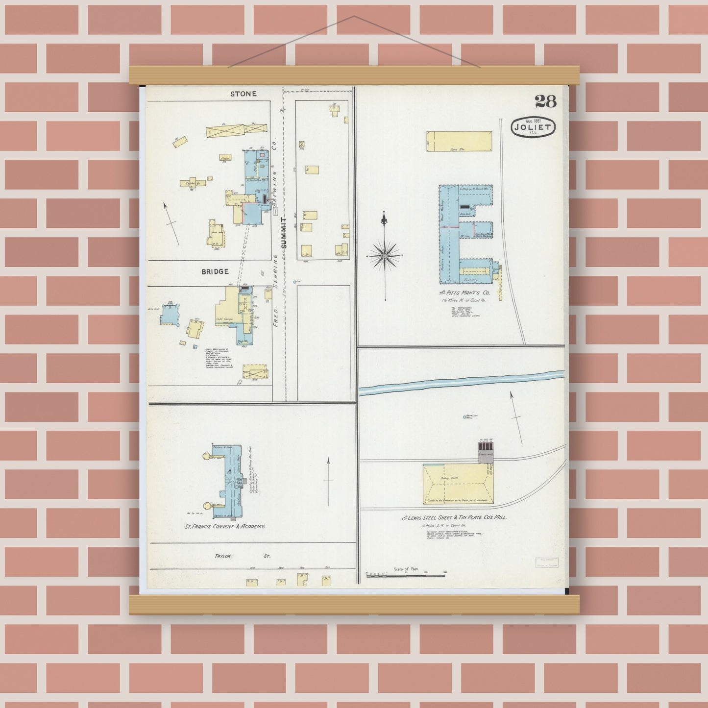 Old map wall art mockup — magnetic wood frame on brick wall — Sanborn Fire Insurance Map from Joliet, Will County, Illinois (1891), Sheet #0028