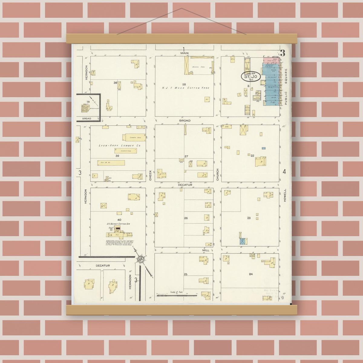Old map wall art mockup — magnetic wood frame on brick wall — Sanborn Fire Insurance Map from Saint Jo, Montague County, Texas (1914), Sheet #0003
