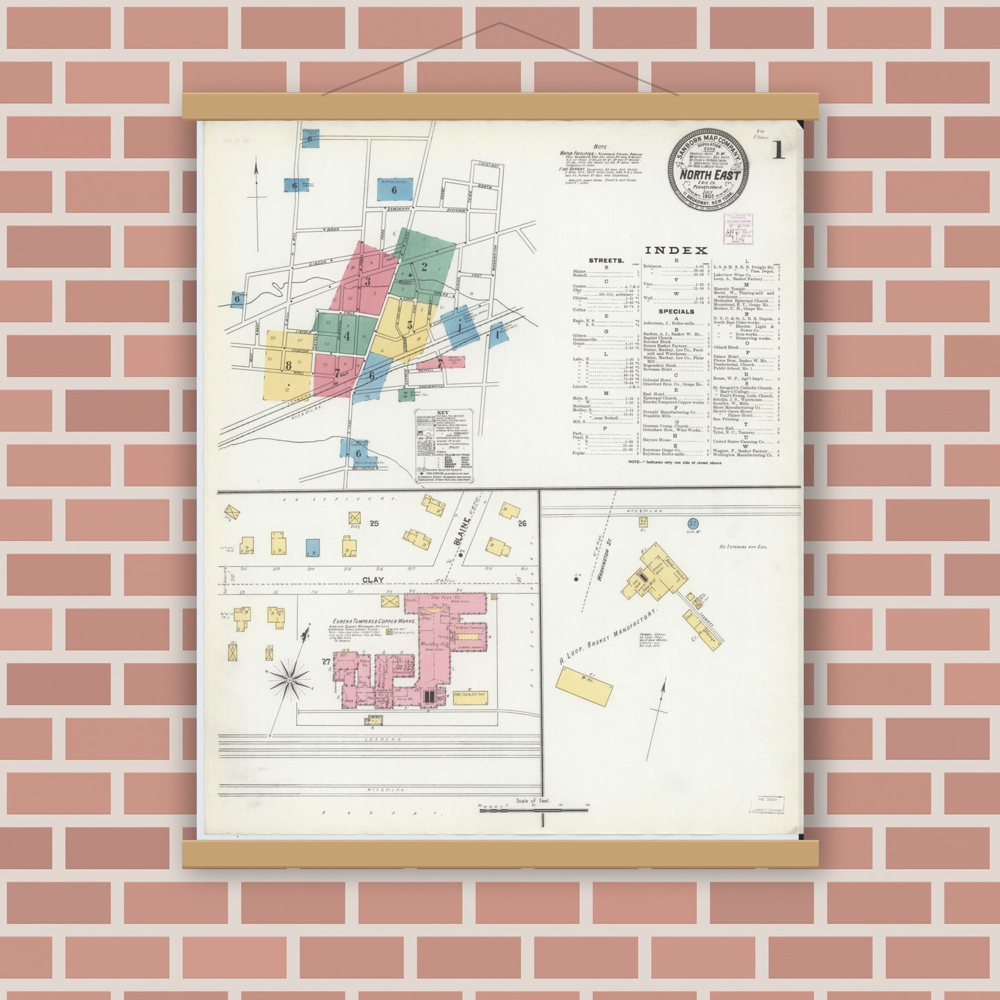 Old map wall art mockup — magnetic wood frame on brick wall — Sanborn Fire Insurance Map from North East, Erie County, Pennsylvania (1905), Sheet #0001