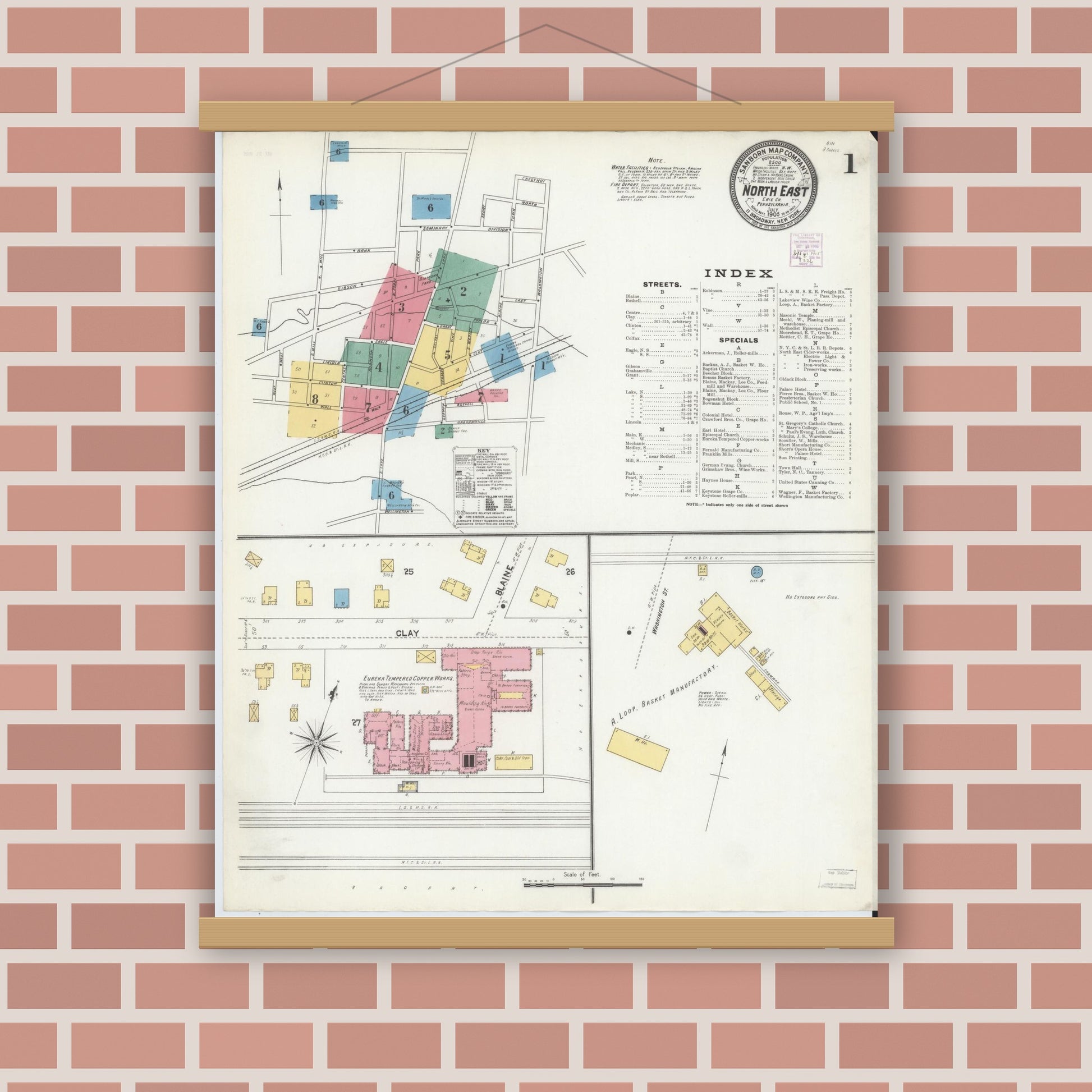 Old map wall art mockup — magnetic wood frame on brick wall — Sanborn Fire Insurance Map from North East, Erie County, Pennsylvania (1905), Sheet #0001