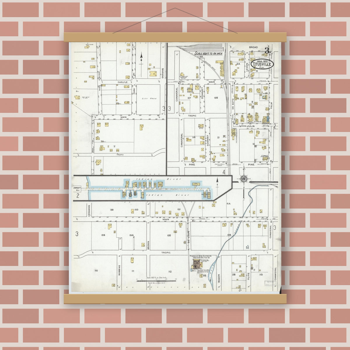Old map wall art mockup — magnetic wood frame on brick wall — Sanborn Fire Insurance Map from Titusville, Brevard County, Florida (1920), Sheet #0003