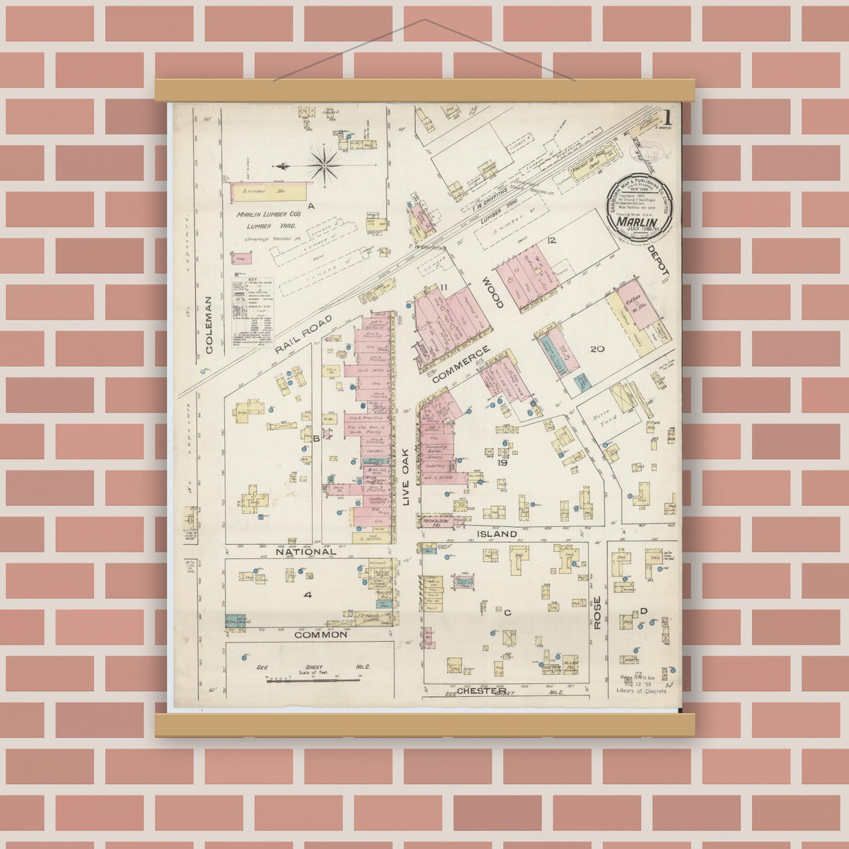 Old map wall art mockup — magnetic wood frame on brick wall — Sanborn Fire Insurance Map from Marlin, Falls County, Texas (1885), Sheet #0001