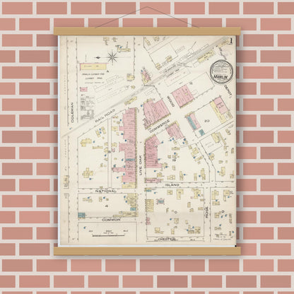 Old map wall art mockup — magnetic wood frame on brick wall — Sanborn Fire Insurance Map from Marlin, Falls County, Texas (1885), Sheet #0001