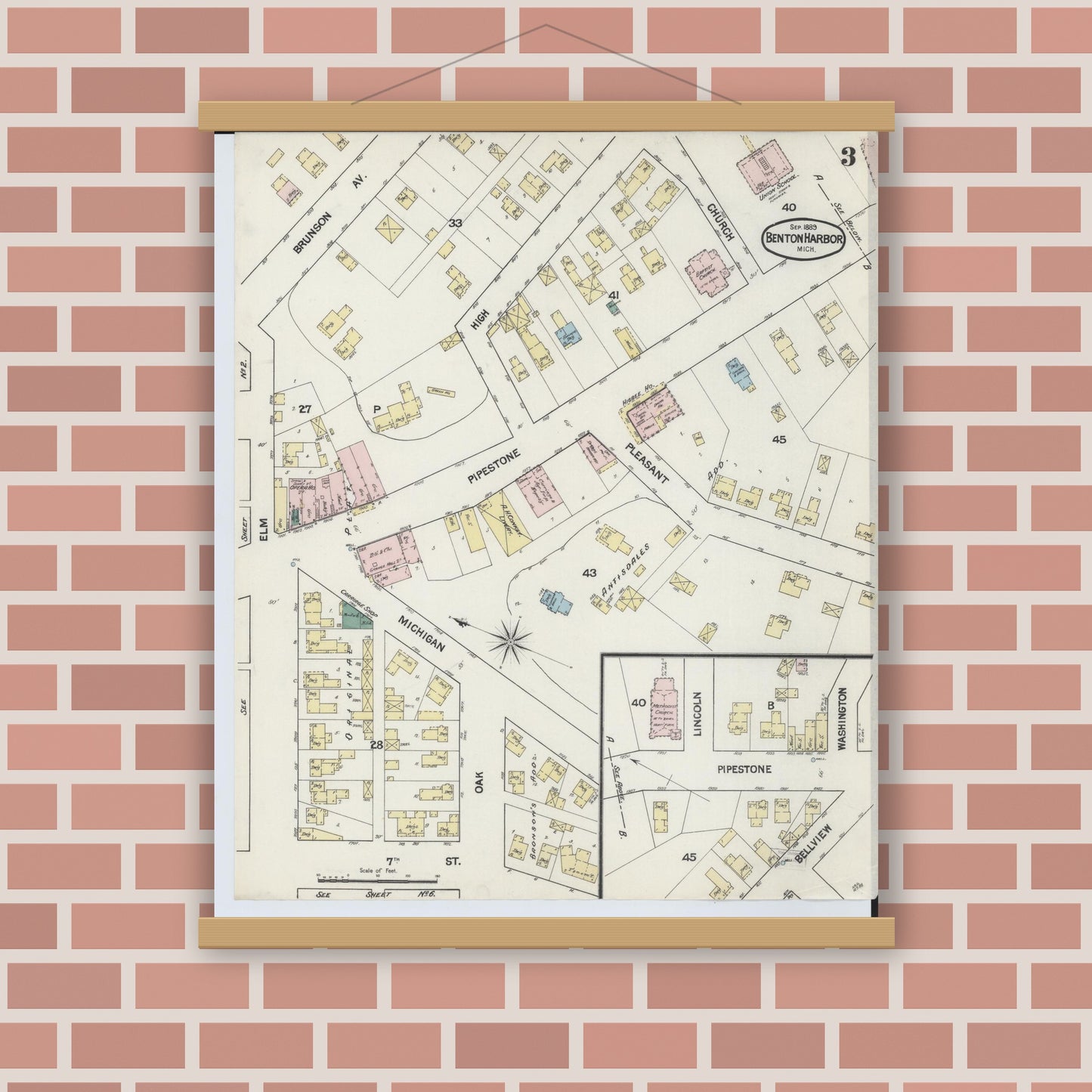 Old map wall art mockup — magnetic wood frame on brick wall — Sanborn Fire Insurance Map from Benton Harbor, Berrien County, Michigan (1889), Sheet #0003