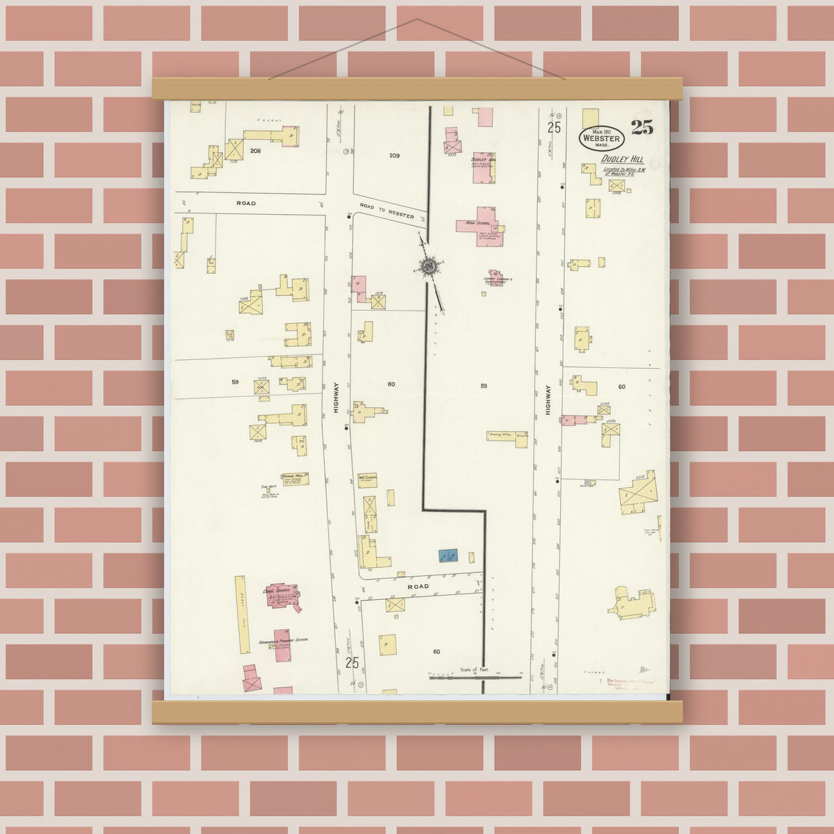 Old map wall art mockup — magnetic wood frame on brick wall — Sanborn Fire Insurance Map from Webster, Worcester County, Massachusetts (1911), Sheet #0025