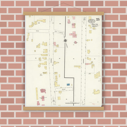 Old map wall art mockup — magnetic wood frame on brick wall — Sanborn Fire Insurance Map from Webster, Worcester County, Massachusetts (1911), Sheet #0025