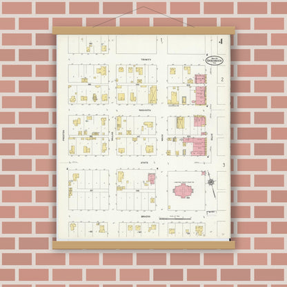 Old map wall art mockup — magnetic wood frame on brick wall — Sanborn Fire Insurance Map from Groesbeck, Limestone County, Texas (1911), Sheet #0004