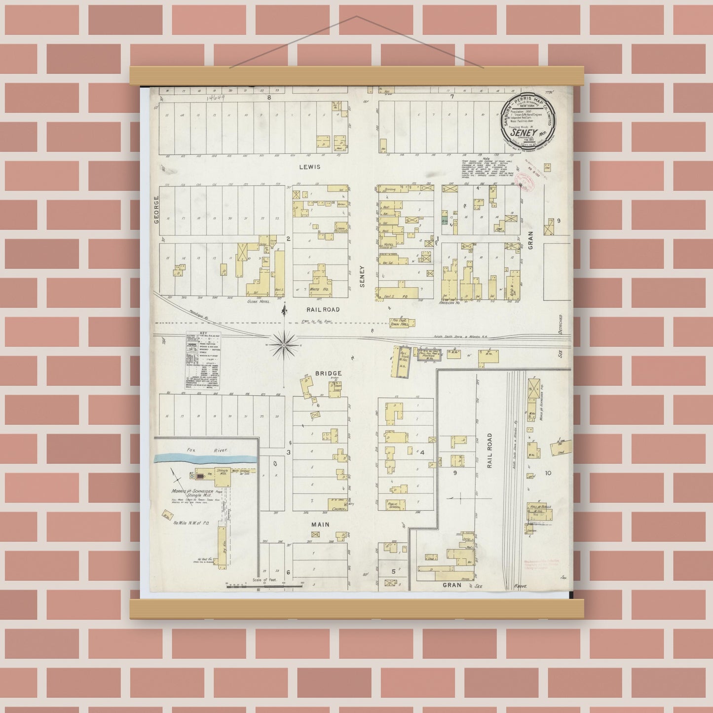 Old map wall art mockup — magnetic wood frame on brick wall — Sanborn Fire Insurance Map from Seney, Schoolcraft County, Michigan (1895), Sheet #0001